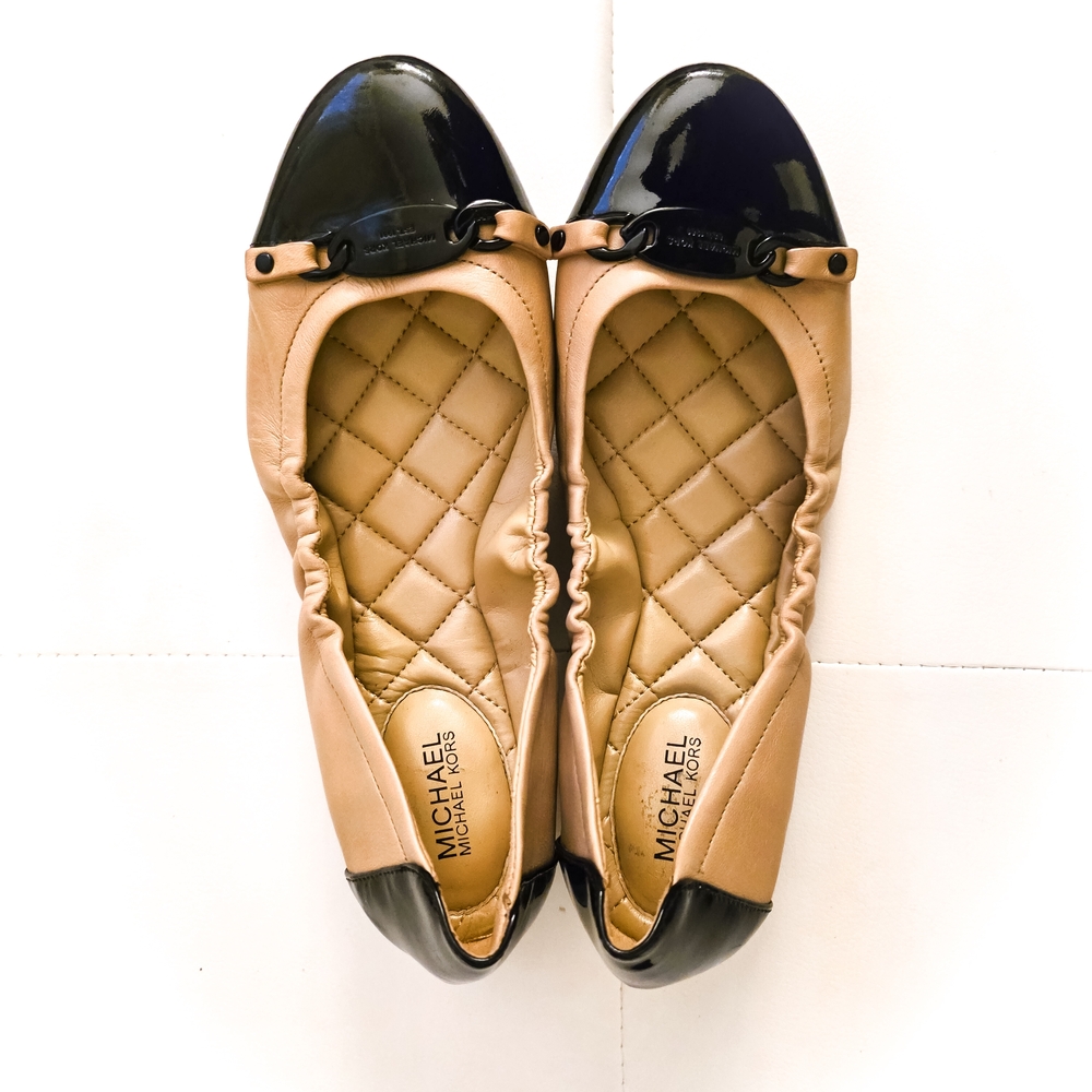 Michael Kors Black and Tan Quilted Ballet Flats